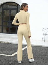 Solid Color Zip Front Long Sleeve Casual Top And Pants Set